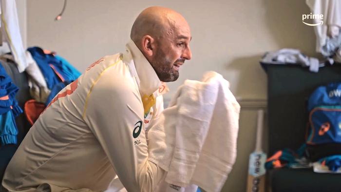 Nathan Lyon was in tears inside the Aussie dressing room. Photo: Amazon Prime Video.