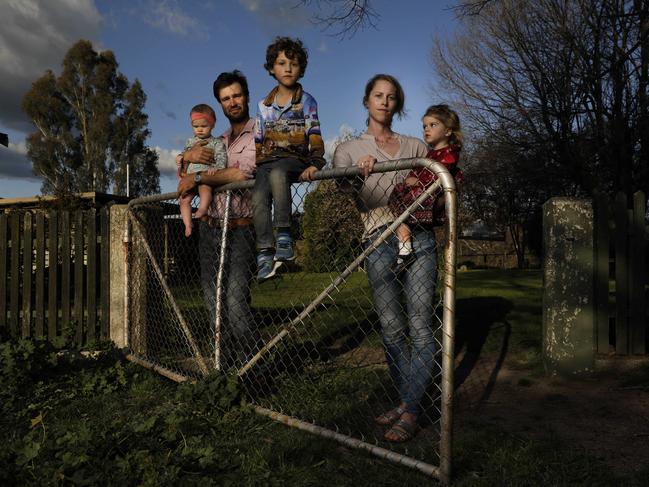 Portrait of Virginia Tapscott at her home in Bowna, in regional New South Wales. Virginia is pictured with her husband Rhys and children, Oscar, 4, Elke, 2 and Eva 9 months. Virginia has written her account of childhood sexual abuse. Picture by Sean Davey.