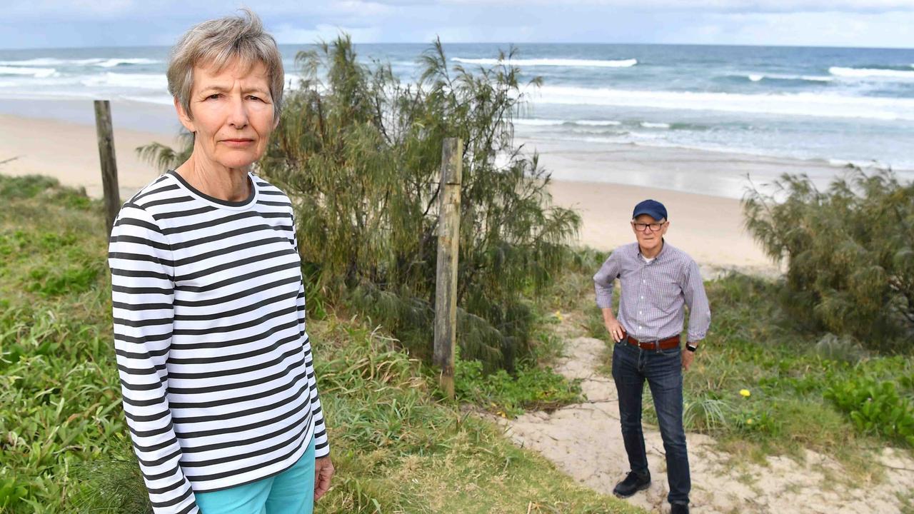 Marcus Beach Bushcare Association president Judy Tulloch and Peregian Beach Community Association president Barry Cotterell have joined forces to highlight the Noosa Council’s inaction over landholders claiming public beachside land as their own. Picture: Patrick Woods.