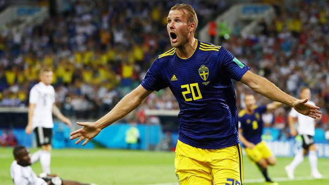 Sweden’s Ola Toivonen celebrates scoring against Germany during the World Cup in Russia. Picture: Getty Images