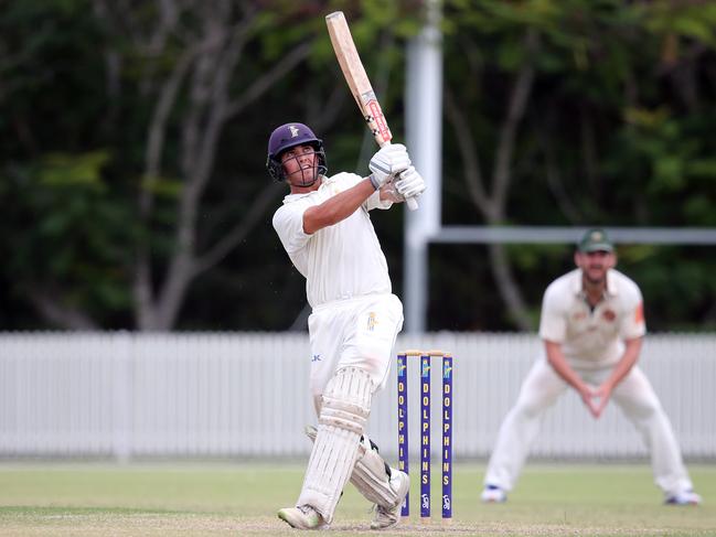 Gold Coast Dolphins batsman Jack Hargreaves tees off against Redlands on Saturday.