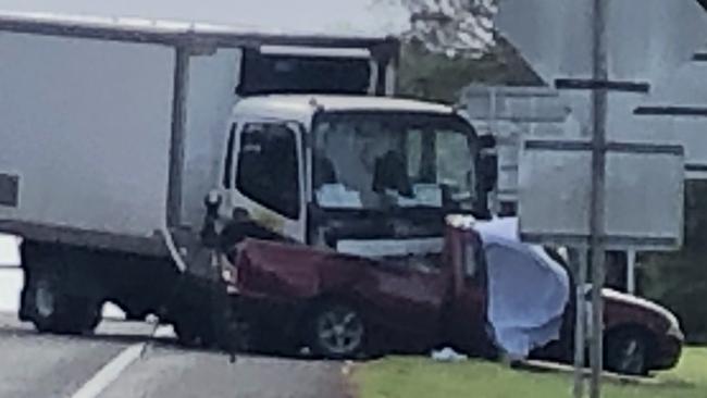 The truck and ute collided after the ute slid across the median strip into the truck's path, police say. Picture: Sophie Welsh