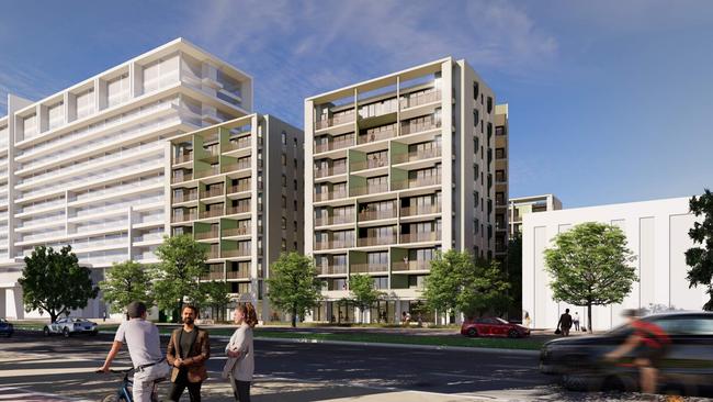 Artist impression of the nine-story rental apartment building proposed for Greenhill Rd. The other two buildings are behind it. Picture: JPE / Hill Thalis