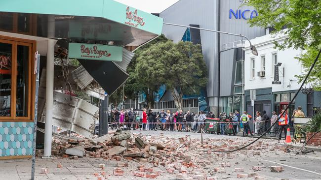 Damaged buildings (Betty’s Burgers) following the earthquake are seen along Chapel St. Picture: Getty Images