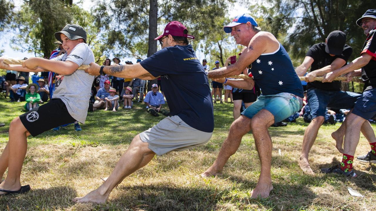 Team Misfits including (front, from left) Jai Burney, Craig Randall and Harry Wheeler during a tug of war heat Oakey Australia Day celebrations in Arthur Shooter Park, Thursday, January 26, 2023. Picture: Kevin Farmer