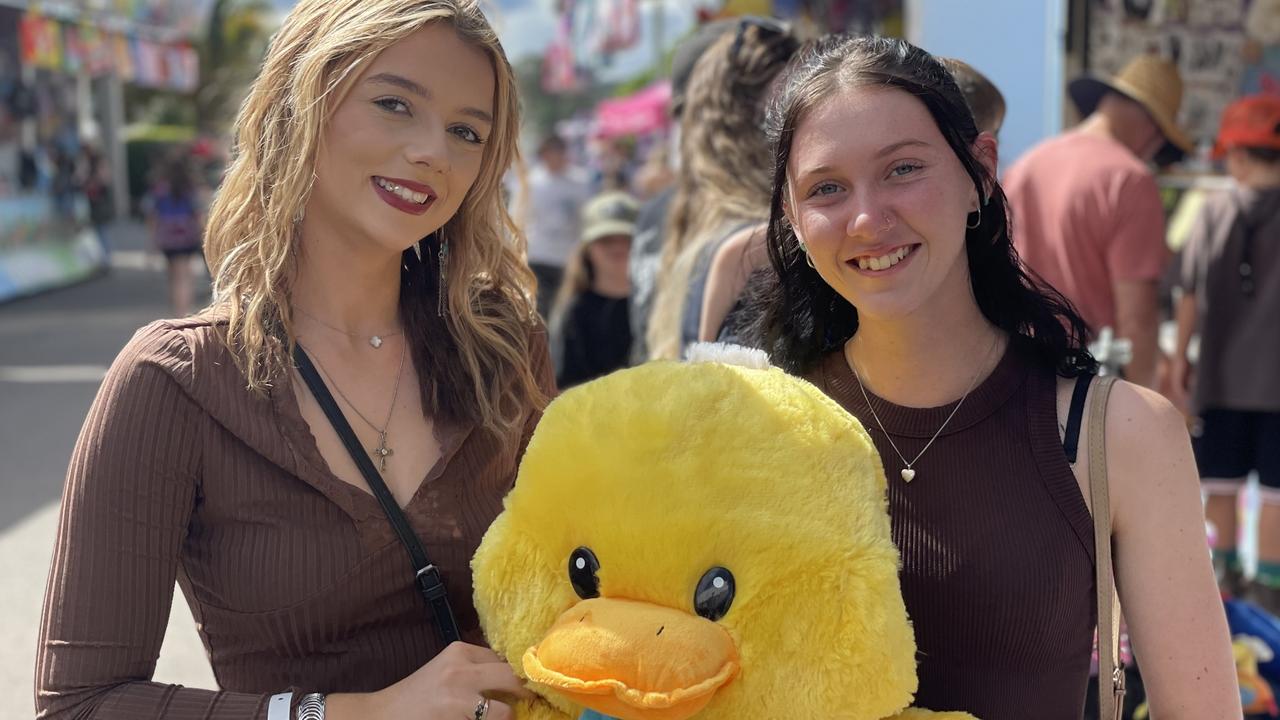 Kirsten Mellor, Lillee Ward, and Jeremy the Duck enjoy People's Day at the 2024 Gympie Show.