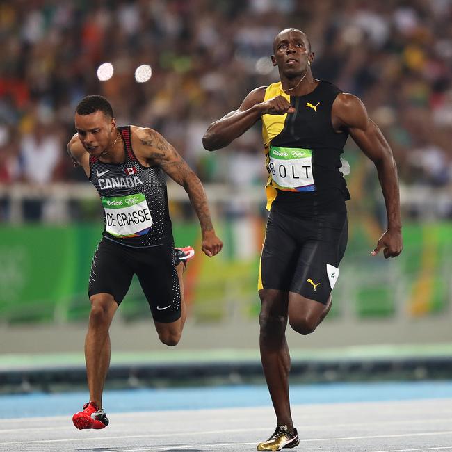 Usain Bolt of Jamaica celebrates winning the Gold medal over USA's Justin Gatlin in the Men's 100m Final during Day 9 of the Rio 2016 Olympic Games. Picture. Brett Costello