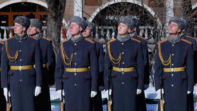 Russian soldiers of the guard of honour attend a wreath-laying ceremony at the Tomb of the Unknown Soldier by the Kremlin Wall in Moscow. While Putin has invested in his military the European powers have been skimping. Picture: AFP