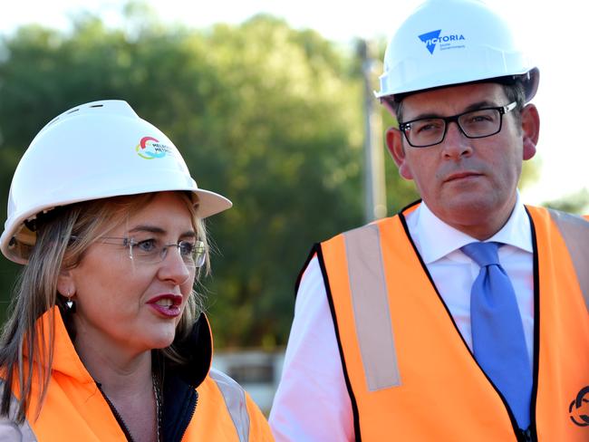 Minister for Public Transport Jacinta Allan and Premier Daniel Andrews inspect the first building demolition for Metro Tunnel project. Picture: Nicole Garmston