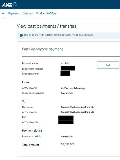 Screenshot which Emese Fajk allegedly sent to Nine as proof she had paid $4,072,951. ANZ later said their daily transaction limit was $25,000.