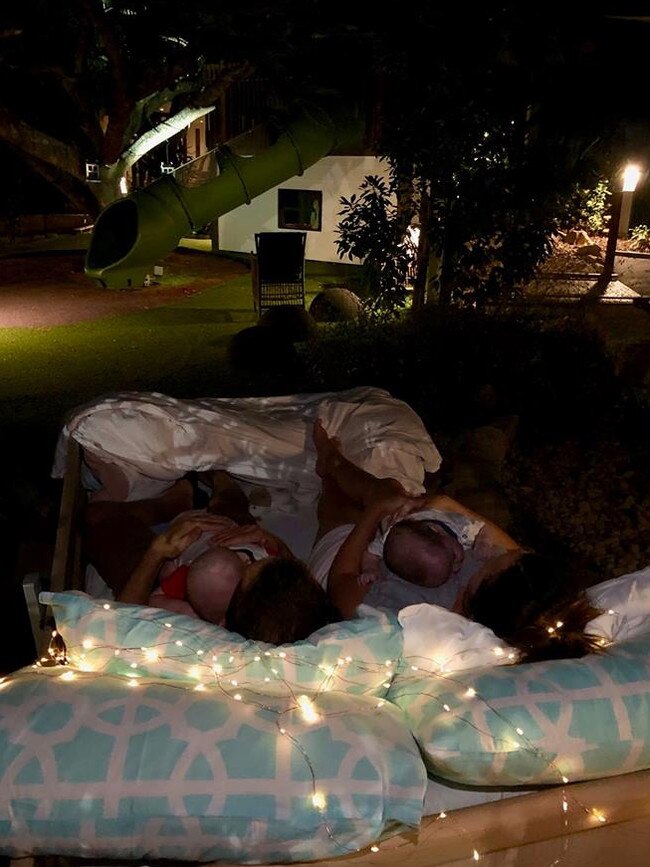 Steven and Jenna du Preez with twins Henry and Archie camping out under the stars at Hummingbird House for Archie's final night. Photo: du Preez/Facebook.