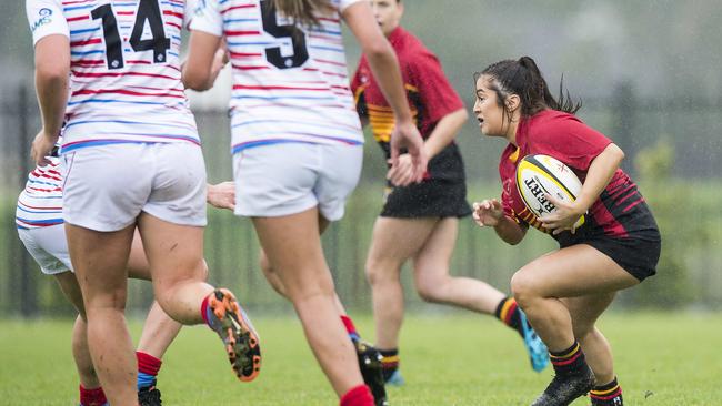 Central Coast player Emily Lufe in action during their NSW Country Women's Rugby 7s round-robin game v Newcastle Hunter at Woy Woy Oval on Saturday, 14 March, 2020. Picture: Troy Snook