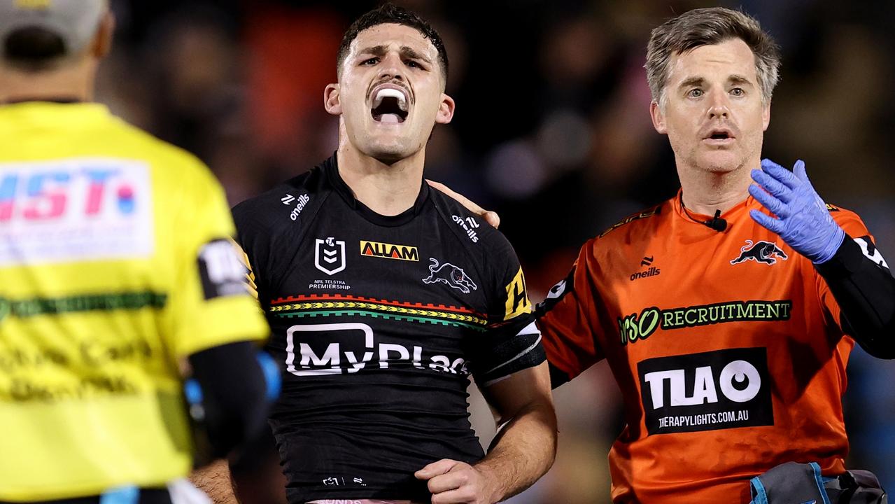 Nathan Cleary shows his frustration after injuring his shoulder. Picture: Brendon Thorne/Getty Images