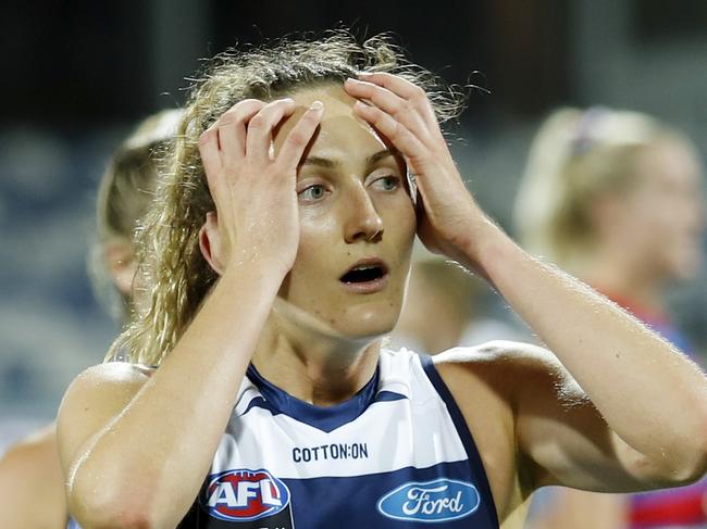 GEELONG, AUSTRALIA - FEBRUARY 12: Georgie Rankin of the Cats looks dejected after losing the 2021 AFLW Round 03 match between the Geelong Cats and the Western Bulldogs at GMHBA Stadium on February 12, 2021 in Geelong, Australia. (Photo by Dylan Burns/AFL Photos via Getty Images)