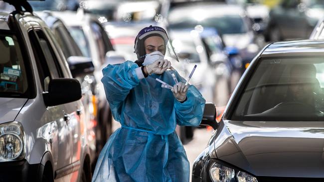 A queue at a drive-through Covid testing clinic in Sydney as Omicron cases continue to rise. Picture: Julian Andrews.