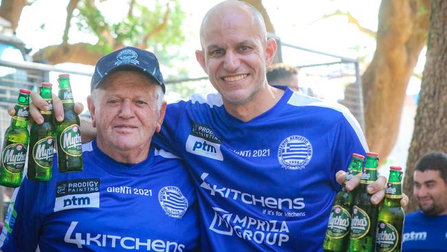 Nick (L) and Kosta Boubaris at the 2021 Greek Glenti Festival on the Esplanade. Picture: Glenn Campbell