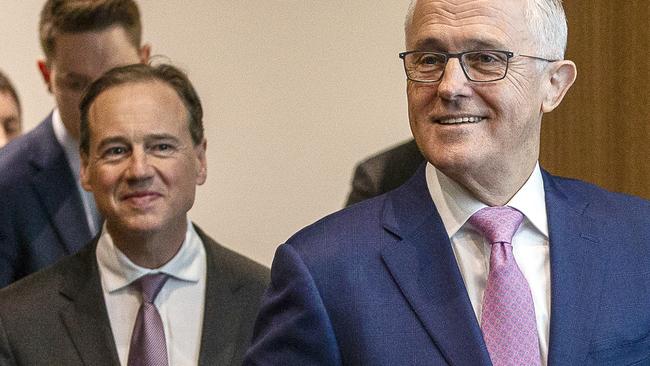 Malcolm Turnbull in Melbourne yesterday with Health Minister Greg Hunt. Picture: AAP