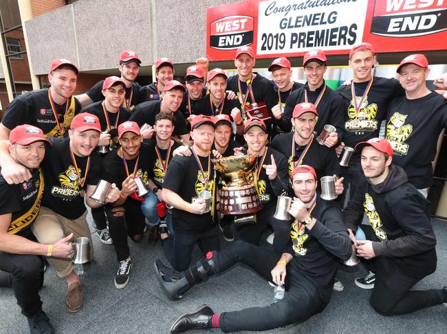 24.9.2019.SANFL Premiers Glenelg chimney unveiling at West End Brewery, Port rd, Hindmarsh. PIC TAIT SCHMAAL.