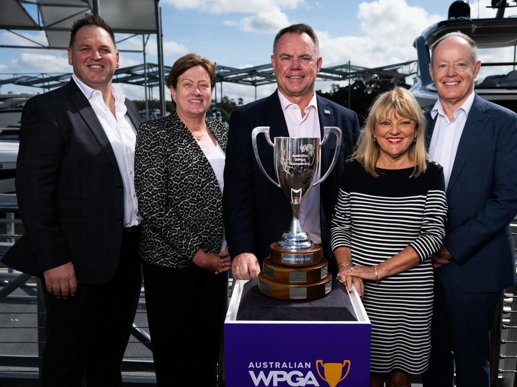 CEO of Sanctuary Cove Golf and Country Club Paul Sanders, CEO of the WPGA Tour of Australasia Karen Lunn, CEO of the PGA of Australia Gavin Kirkman, City of Gold Coast Deputy Mayor Donna Gates, CEO of Mulpha Australia Greg Shaw with the Karrie Webb Cup after it was announced that the Australian WPGA Championship would be played at Sanctuary Cove on the Gold Coast. Picture: Golf Australia.