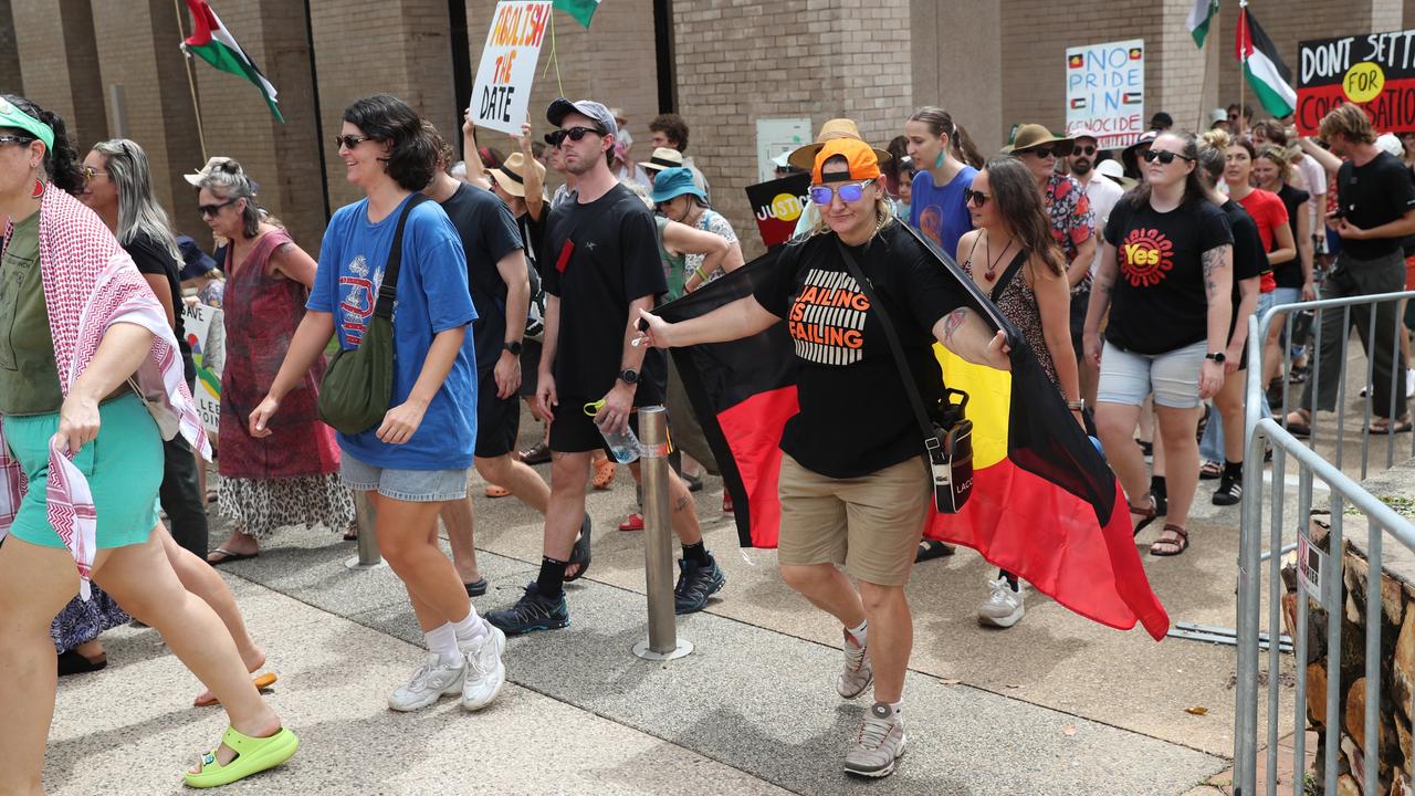 Rocket Bretherton was among hundreds of Territorians who demonstrated on Invasion Day 2024 by marching from Civic Park through Darwin city on Friday, January 26. Picture: Zizi Averill