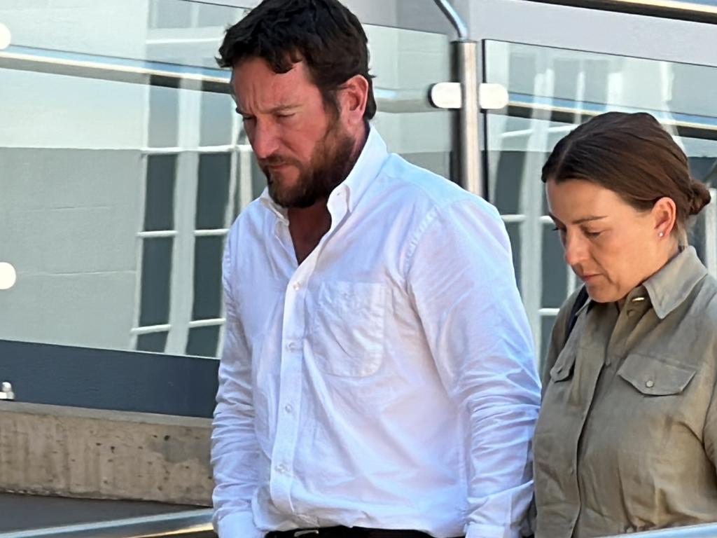 Lake Mary Pines owner Nathan Stevens (left) leaving Rockhampton Magistrate Court during the hearing where Workplace Health and Safety Queensland alleges Lake Mary Pine owner Nathan Stevens and his father, "retired" former owner Colin Stevens, failed in their duties as employers to ensure workplace was electrically safety to work in.