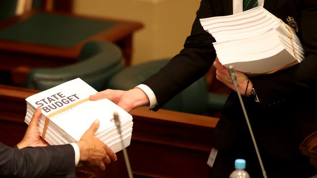 South Australian Treasurer Rob Lucas hands down the 2020-21 State Budget during Question time at Parliament House. Photo: NCA NewsWire / Kelly Barnes