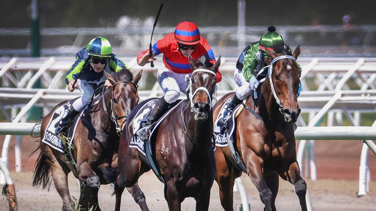 Melbourne Cup Lexus Cup main race. Winning jockey James McDonald on No. 4 Verry Elleegant leads the pack to the finish line. Picture: David Caird