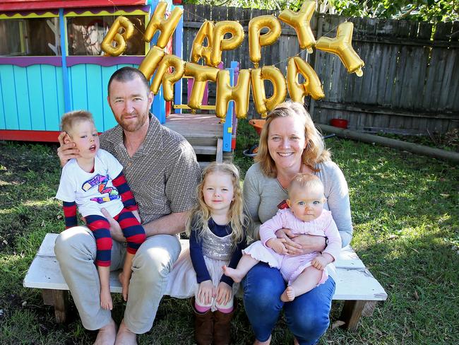 Mills family dad David, mum Ina, Ruby 4 and Rosie 7 months, celebrate Roki's 3rd birthday at their Newport home. Picture: Troy Snook