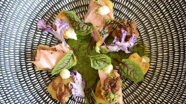 Hot Smoked Salmon, Gnocchi, Salsa Verde, Almond Cream, Walnuts, Cauliflower dish at Jam Corner. Picture: Wesley Monts