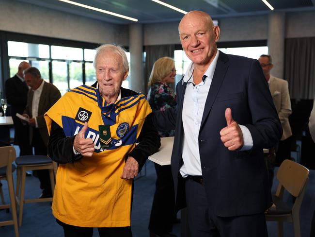 Peter Wynn (R) with Eels fan Paul Hogan AM in December. Picture: Richard Dobson