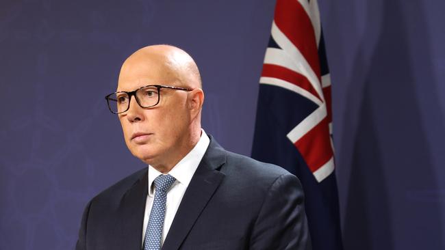 Leader of the Opposition Peter Dutton at a press conference at the Commonwealth Parliamentary Offices in Sydney on Thursday. ‘I just don’t think families can afford another 20 or 30 per cent electricity price increase,’ he said. Picture: NewsWire / Damian Shaw