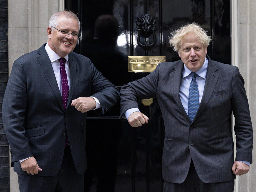 British Prime Minister Boris Johnson welcomes Prime Minister Scott Morrison to 10 Downing Street in London, England. Picture: Rob Pinney/Getty Images