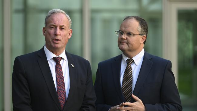 Former Minister for Sport Senator Richard Colbeck and Ted O'Brien. Picture: Lukas Coch/AAP