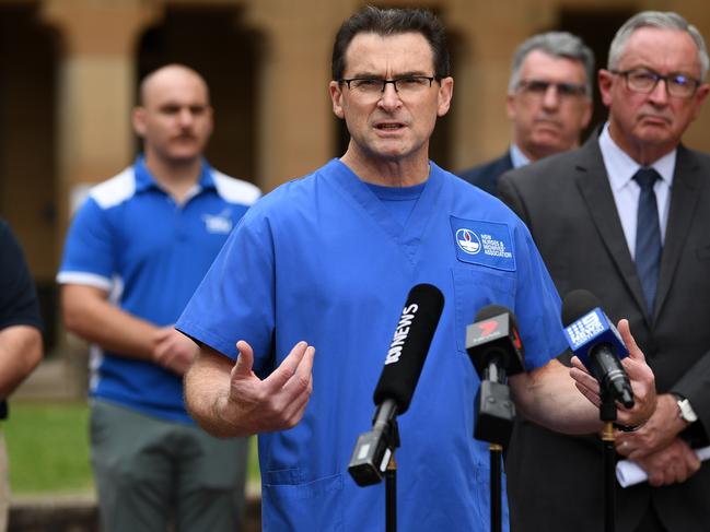 Nurses and Midwives Association General Secretary Brett Holmes speaks to the media. Picture: AAP.