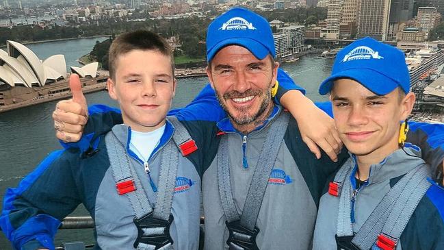 David Beckham and sons Cruz and Romeo climbed the Sydney Harbour Bridge today. Picture: David Beckham/Instagram