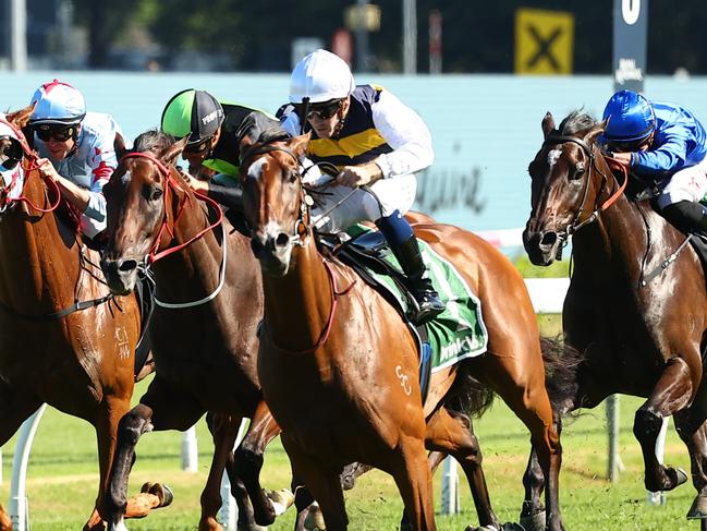 SYDNEY, AUSTRALIA - MARCH 09: Tyler Schiller riding Lady Laguna wins Race 7 James Squire Canterbury Stakes during "The Agency Randwick Guineas Day" -  Sydney Racing at Royal Randwick Racecourse on March 09, 2024 in Sydney, Australia. (Photo by Jeremy Ng/Getty Images)