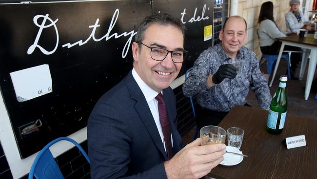 South Australian Premier Steven Marshall meets with Duthy Street Deli owner Vassil Nikoliadis. Picture: AAP Image/Kelly Barnes