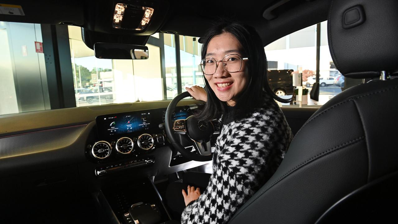 Linda Jiang testing out an EQA250 Mercedes-Benz at the Unley dealership. Picture: Keryn Stevens