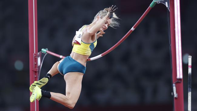 Australia’s Nina Kennedy clips the bar in the women’s pole vault qualification. Picture: Alex Coppel