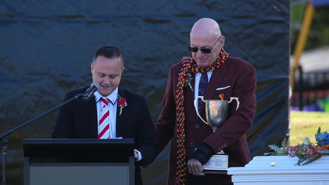 Mr Tigani joins Mr McBride for a eulogy. Picture: NCA NewsWire / Gaye Gerard