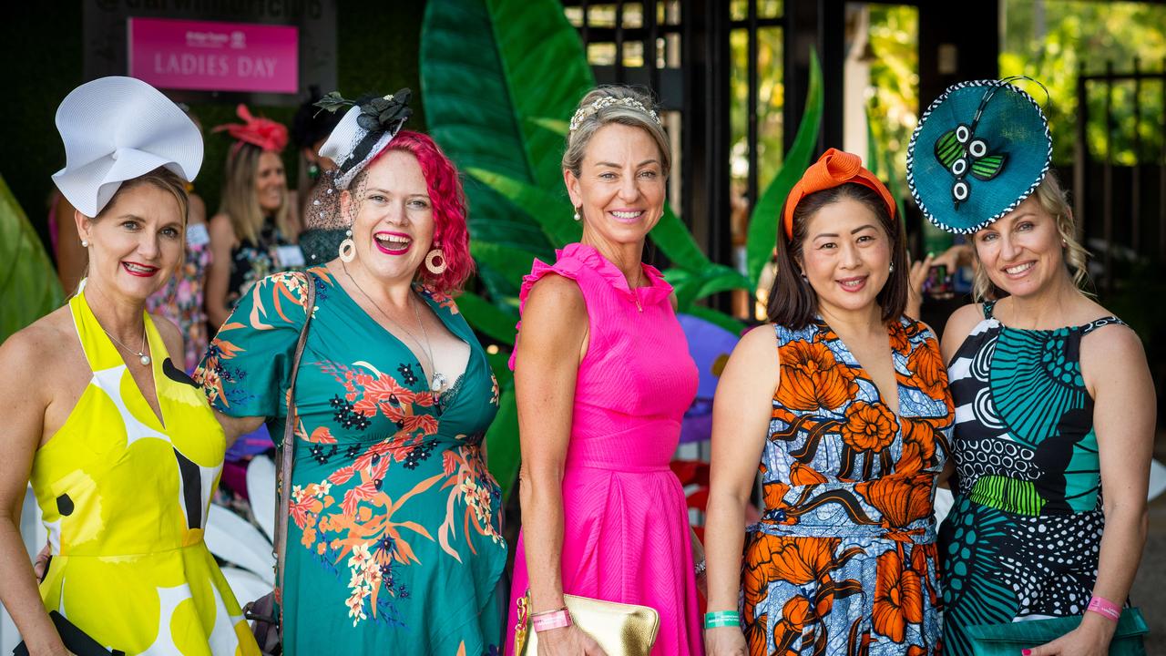 Nicole Wheeler, Crystal Brunyee, Shaye Hatty, Susannah Vong and Nicky Westaway at the 2021 Darwin Cup Carnival Bridge Toyota Ladies’ Day. Picture: Che Chorley