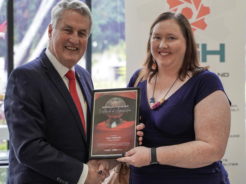 Daily Mercury editor Rae Wilson accepting a thanks from the Mackay Mayor Greg Williamson for sponsoring the Mayor's Charity Ball which raised about $90,000 for two charity organisations. Picture: Heidi Petith