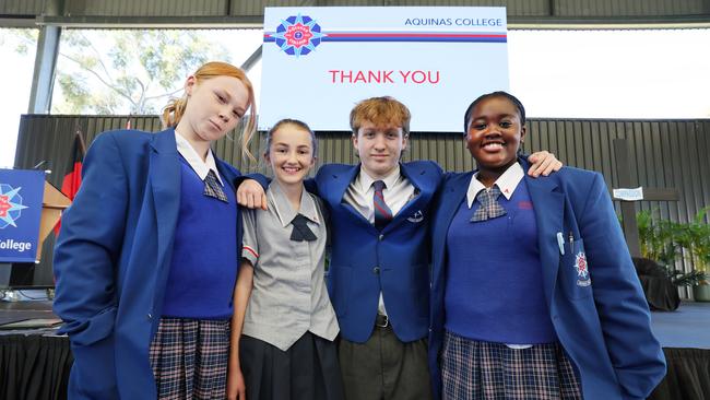 Aquinas College students Ella Murdoch, Courtney Bond, Daniel Knight and Emma Kuveya. Picture: Glenn Hampson.