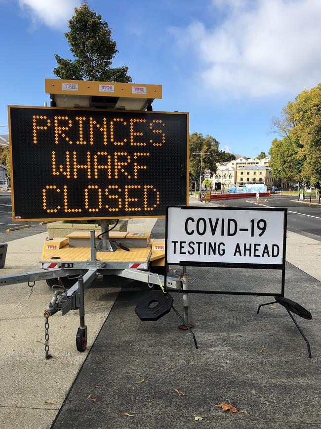 Signage on the Hobart waterfront near Princes Wharf Shed 1 where a drive through COVID-19 testing station has been set up. Picture: NIKKI DAVIS-JONES