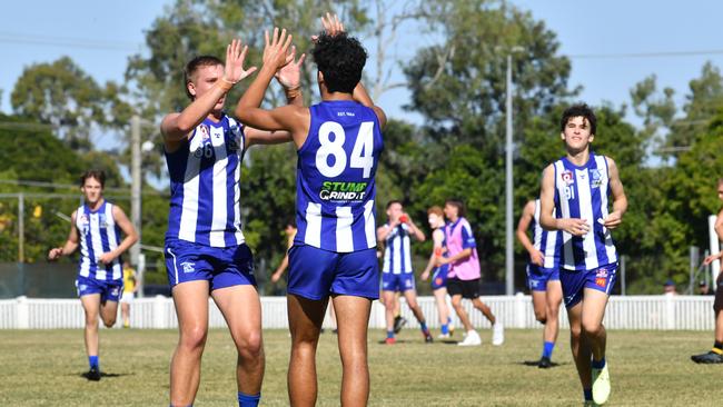 Mt Gravatt players celebrate a goal QAFL footy colts Picture, John Gass