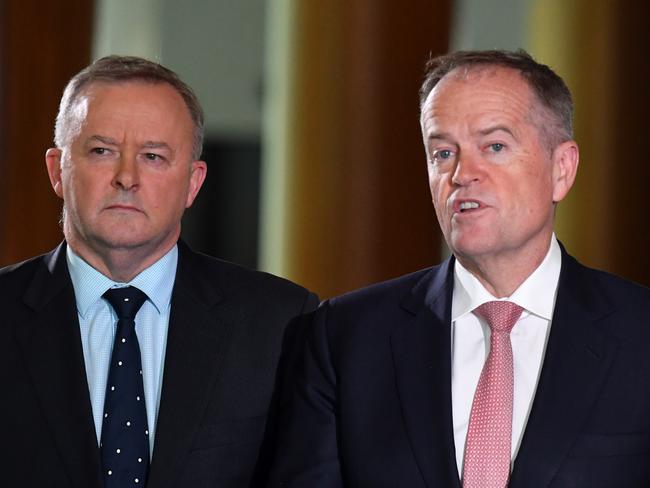 Leader of the Opposition Anthony Albanese and former leader of the opposition Bill Shorten at a press conference at Parliament House in Canberra, Thursday, February 6, 2020. (AAP Image/Mick Tsikas) NO ARCHIVING