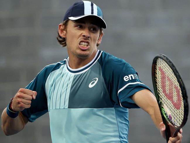 NEW YORK, NEW YORK - SEPTEMBER 02: Alex De Minaur of Australia celebrates match point against Nicolas Jarry of Chile during their Men's Singles Third Round match on Day Six of the 2023 US Open at the USTA Billie Jean King National Tennis Center on September 02, 2023 in the Flushing neighborhood of the Queens borough of New York City.   Mike Stobe/Getty Images/AFP (Photo by Mike Stobe / GETTY IMAGES NORTH AMERICA / Getty Images via AFP)