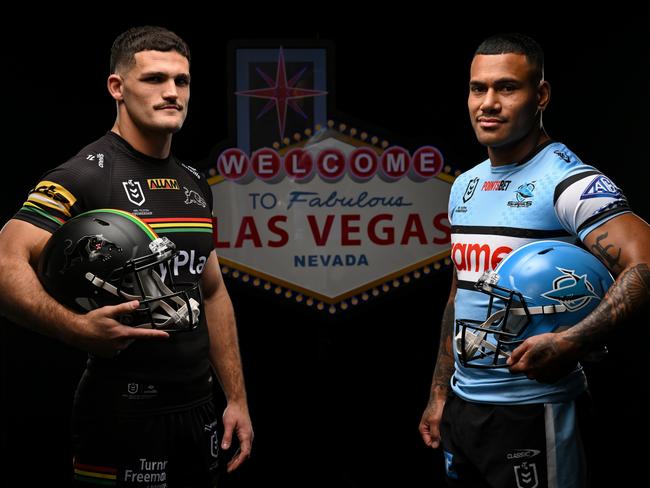 Nathan Cleary (Penrith) and Sione Katao (Cronulla) will clash in Sin City. Picture: NRL Photos
