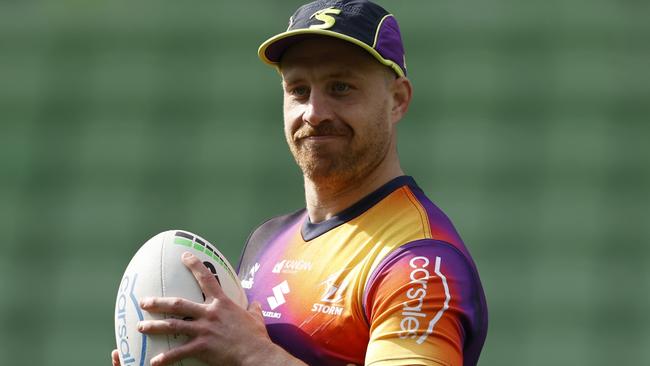 MELBOURNE, AUSTRALIA - SEPTEMBER 04: Cameron Munster runs with the ball during a Melbourne Storm NRL media opportunity on September 04, 2024 in Melbourne, Australia. (Photo by Darrian Traynor/Getty Images)