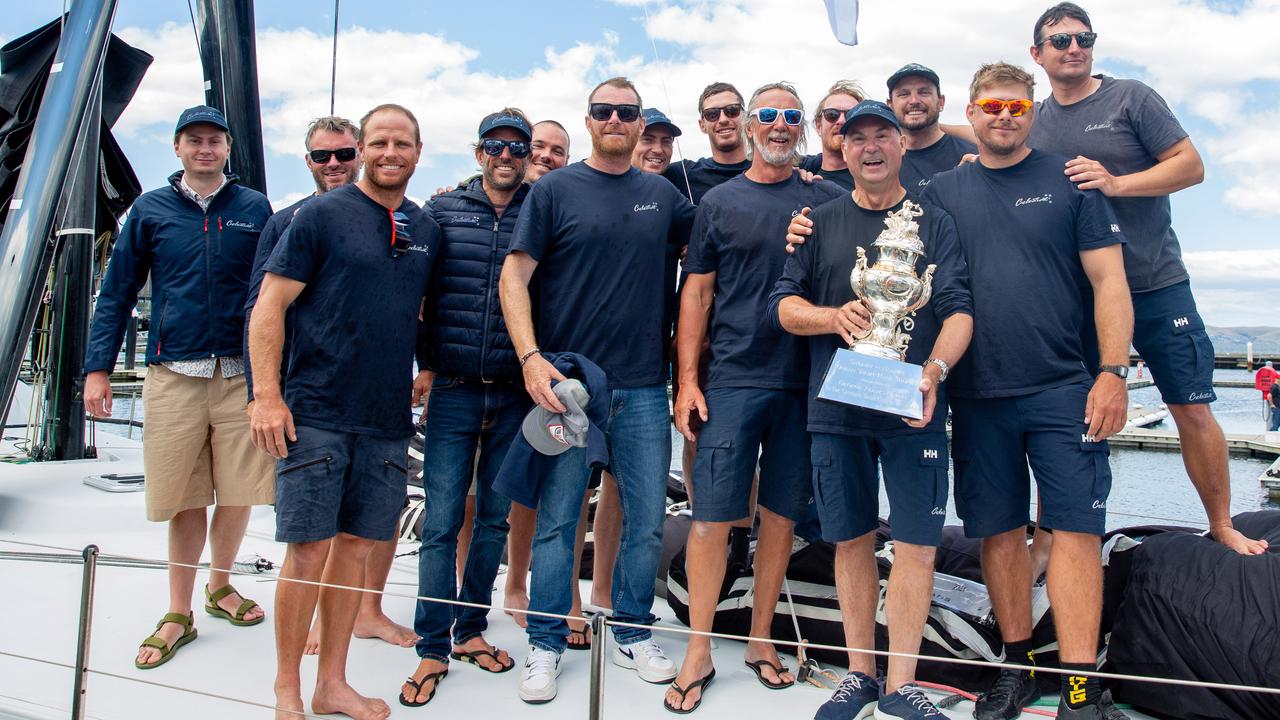 The crew of Celestial after being presented with the Tattersalls cup for overall honours at the 2024 Rolex Sydney to Hobart. Picture: Linda Higginson